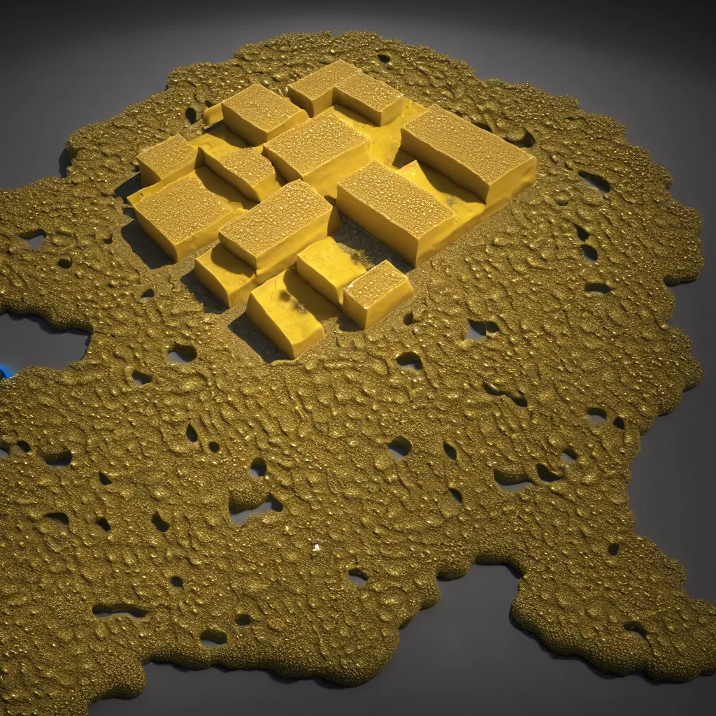 Image similar to A realistic big house made of molten cheese and fractal crystals, photorealistic, octane render,