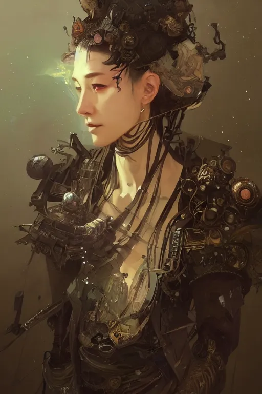 Prompt: A full portrait of a powerful beautiful futuristic dystopian junktown Japanese necromancer sorcerer enchanter, intricate, elegant, highly detailed, digital painting, artstation, concept art, smooth, sharp focus, illustration, art by Krenz Cushart and Artem Demura and alphonse mucha