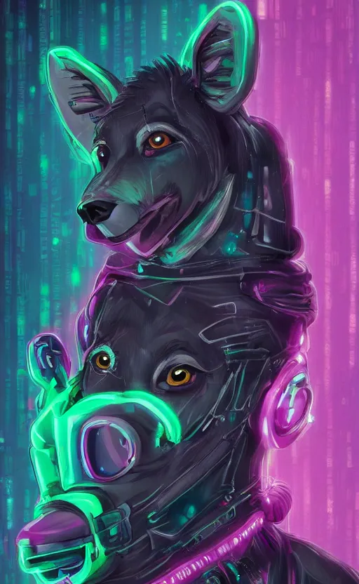 Image similar to digital painting of anthromorphic hyena female, fursona, furry fandom, neon rainy cyberpunk setting, anthro, wearing cyberpunk leather jacket, detailed face,