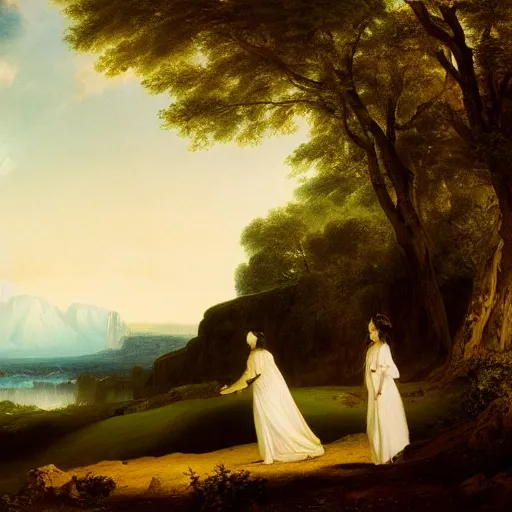 Prompt: two beautiful girls wearing white dresses john martin landscape