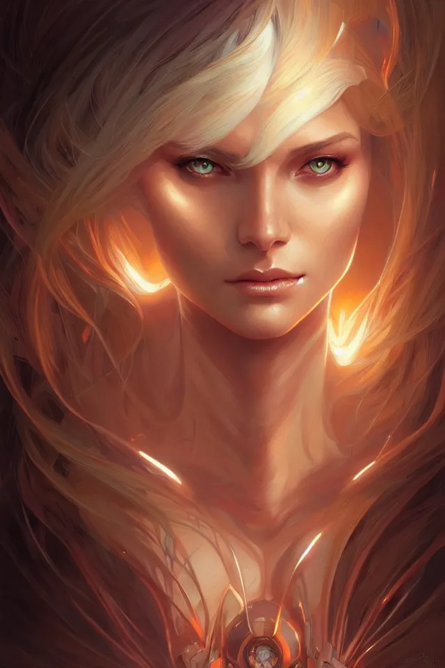 Image similar to futuristic woman portrait, sci-fi, amber eyes, face, long hair, fantasy, intricate, elegant, highly detailed, digital painting, artstation, concept art, smooth, sharp focus, illustration, art by artgerm and greg rutkowski and alphonse mucha