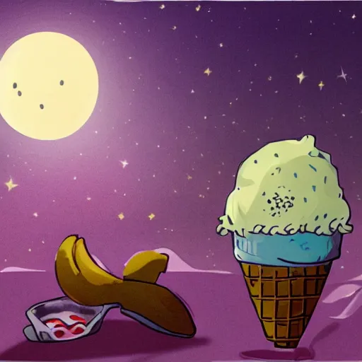 Image similar to a mystical creature eating ice cream in the moonlight