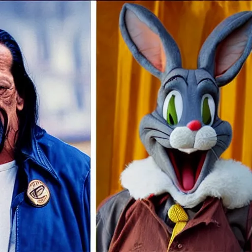 Image similar to Danny Trejo as Bugs Bunny from Looney Tunes, live action movie, set photo in costume, cosplay, photograph