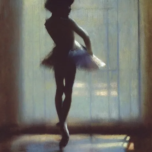 Prompt: portrait of a emotional dancer practicing alone, soft window light, long shadows, by craig mullins, edgar degas.