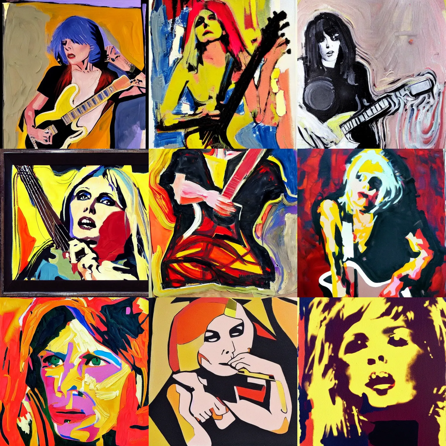 Prompt: Debbie Harry playing guitar painted in the style of Frank Auerbach