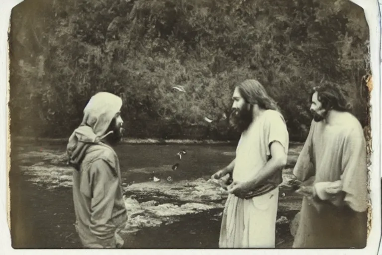 Prompt: old polaroid of jesus arguing with jonh about the fish