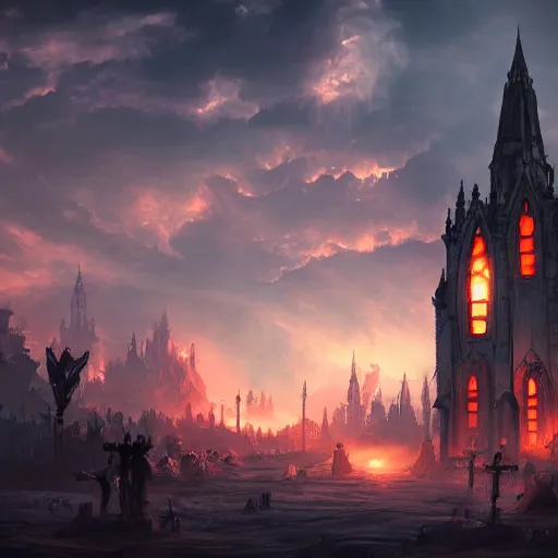 Image similar to powerful epic invasion, gothic church un the middle of the scene, sunset orange clouds, trending artstation