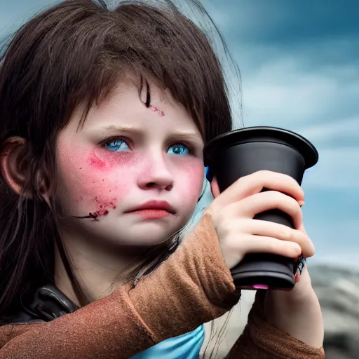 Prompt: a little blue-skinned girl with messy black hair sharp pointed ears freckles along the ridges of her cheeks drinking from a leather flask, dnd triton, high resolution film still, 4k, HDR colors