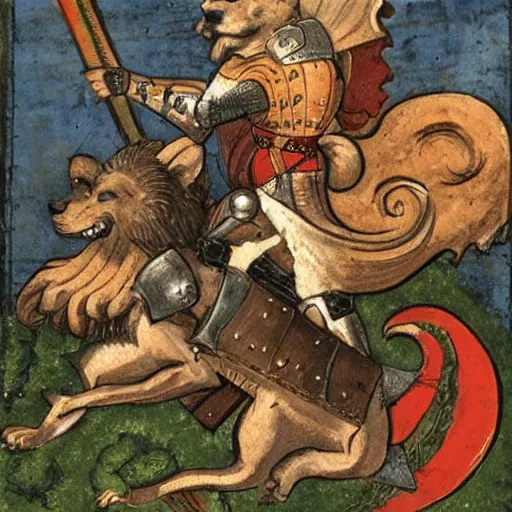 Image similar to Dog warriors riding lions into battle, medieval weapons and armour