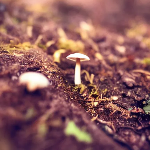 Prompt: outdoors, a tiny mushroom, anamorphic, dramatic lighting, professional macro photography, kodak ektar film