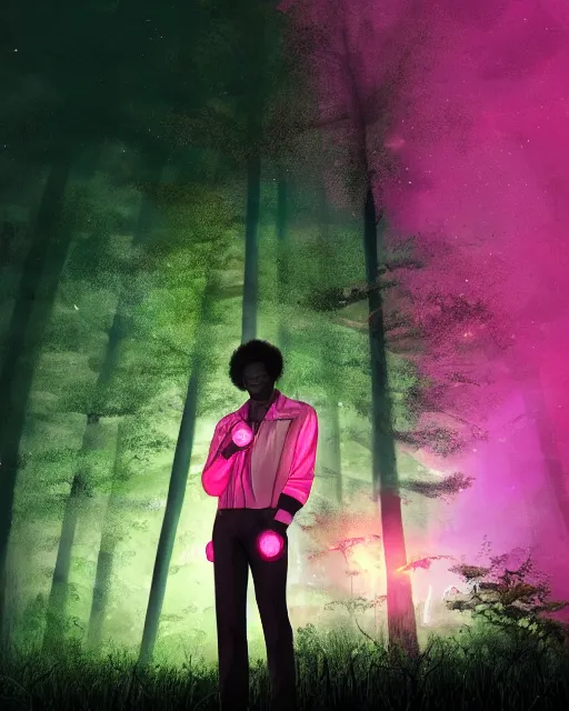 Image similar to man with pink glowing afro wearing disco jacket, standing in atmospheric spring forest at night, high contrast photoshop digital painting, realistic shading, beautiful moon lighting, best of artstation 4 k