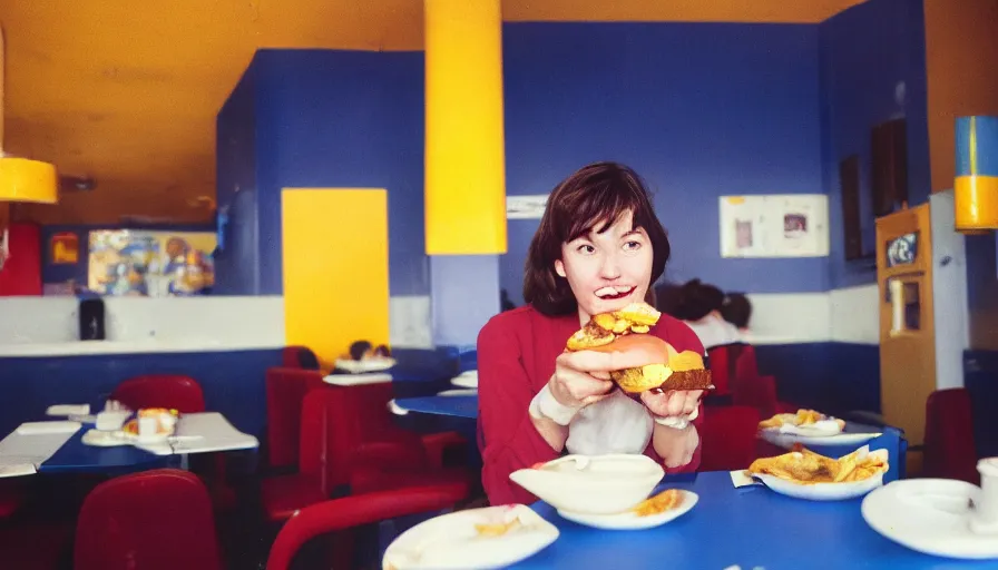 Image similar to blue customer eating red hamburger in yellow restaurant, film camera