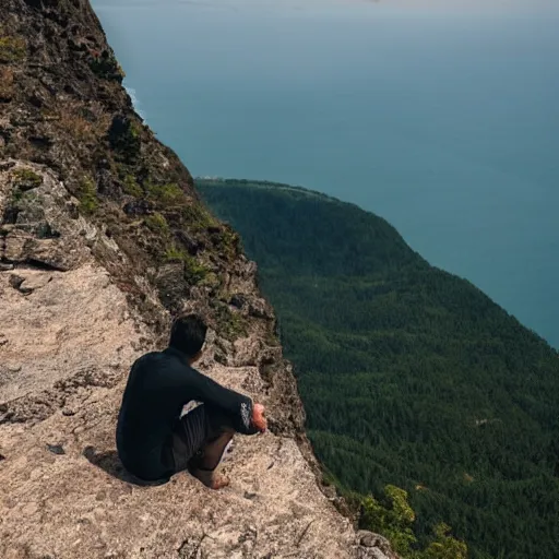 Image similar to man sitting on top peak mountain cliff looking at tsunami