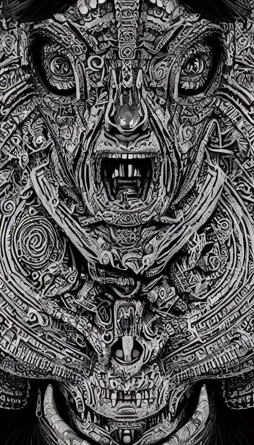 Prompt: ancient aztec fantasy face tattoo pattern concept, teonanacatl glyph, intricate artwork by, Alex Grey, Artgerm, very coherent artwork, cinematic, hyper realism, high detail, octane render, unreal engine, 8k, High contrast, higly detailed black ink outline