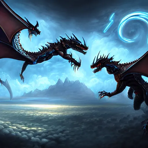 Prompt: a couple of cybernetic dragons fighting each other in the sky, an ultrafine detailed painting by muggur, deviantart contest winner, fantasy art, high detailed, deviantart hd, detailed painting