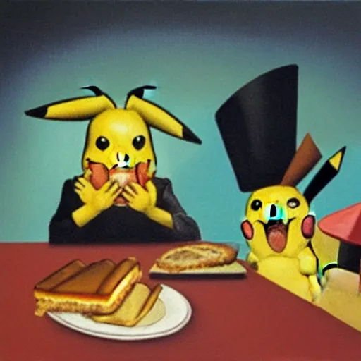 Image similar to pikachu eating a sandwich, oil painting magritte