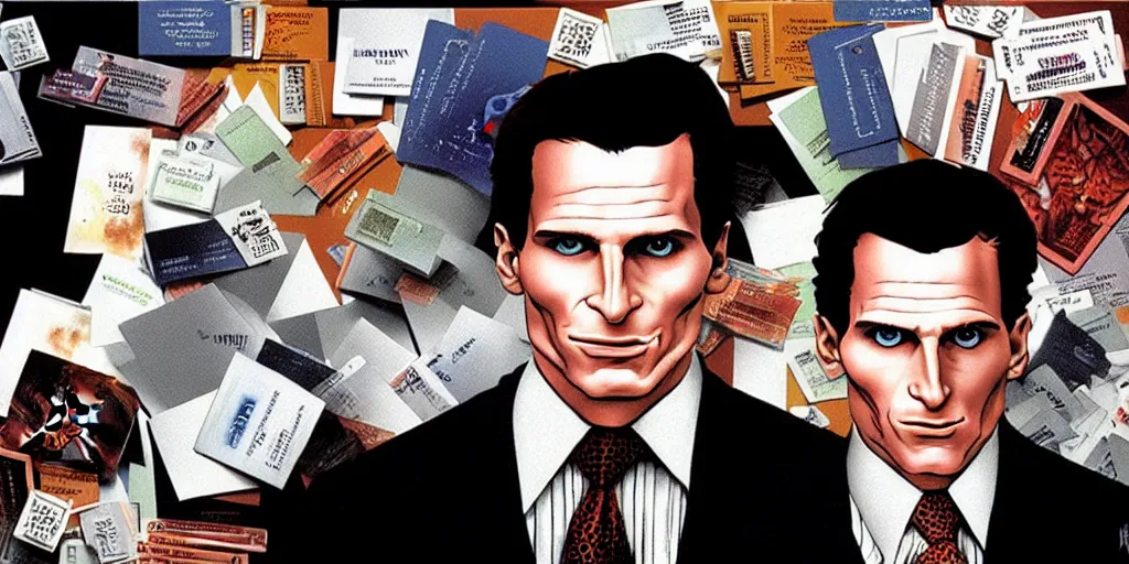 Image similar to patrick bateman, detailed fantasy art, sitting with stacks of business cards, american psycho