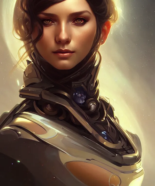 Image similar to futuristic young woman portrait, sci-fi, amber eyes, face, long hair, fantasy, intricate, elegant, highly detailed, digital painting, artstation, concept art, smooth, sharp focus, illustration, art by artgerm and greg rutkowski and alphonse mucha