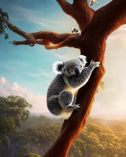 Image similar to movie still macro close photo of koala jumping from tree onto tourist, by weta disney pixar greg rutkowski wlop ilya kuvshinov rossdraws artgerm octane render iridescent, bright morning, liosh, mucha