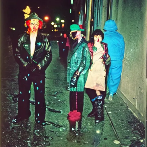 Image similar to night color flash portrait photography of punks on the lower east side by diane arbus, colorful!!, nighttime!, raining!