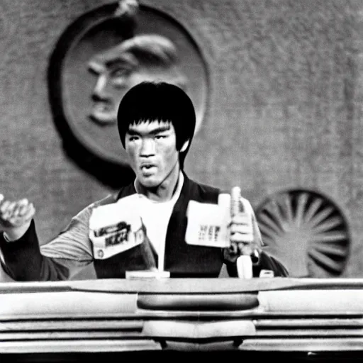 Image similar to bruce lee is president of the united states, wearing a suit, giving a speech, podium, bruce lee, state of the union, congress watching