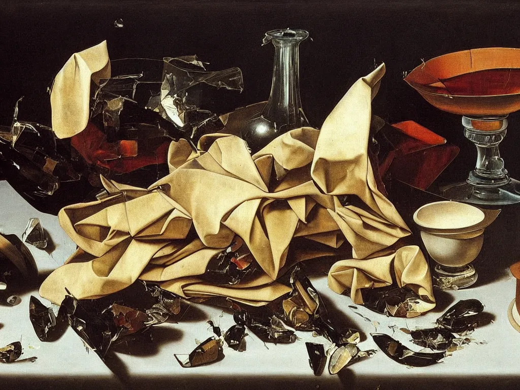 Prompt: by Michelangelo Merisi da Caravaggio Still Life with broken shattered wine bottles