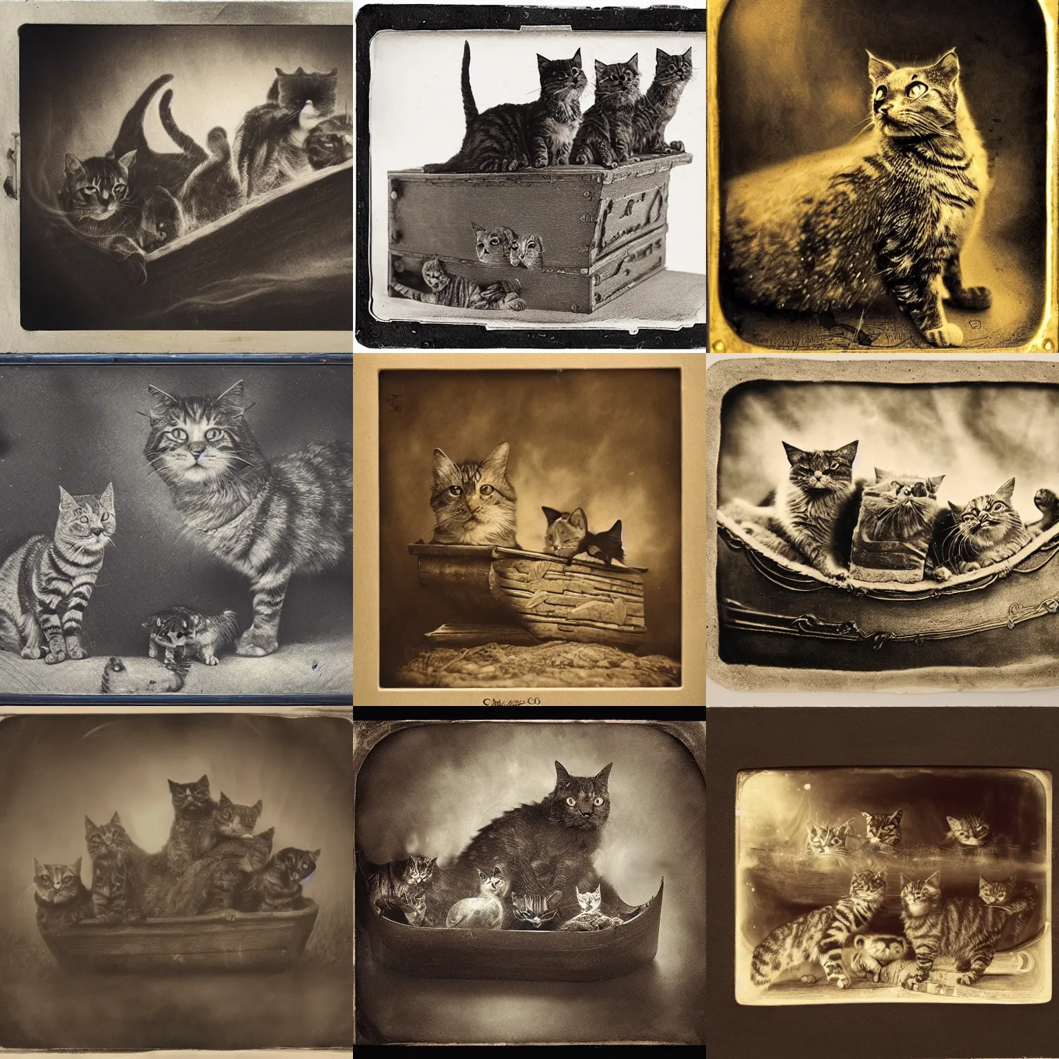 Prompt: a children's illustration of noah's ark filled with cats, wet plate photography laboratory, aleksi briclot, rutkowski