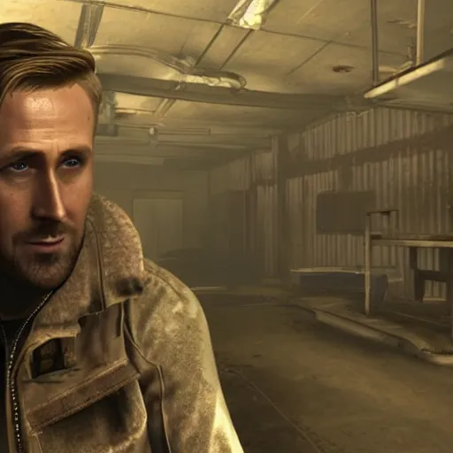 Image similar to ryan gosling in fallout 4 in a slave cage