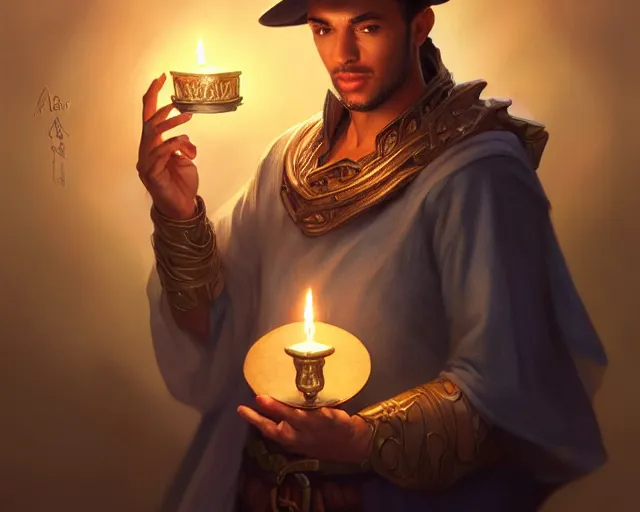 Prompt: a mind - blowing portrait of a fortune seeker male, holding a candle, wearing a sleeping cap, joyful, d & d, fantasy, intricate, elegant, highly detailed, digital painting, artstation, concept art, matte, sharp, illustration, hearthstone, art by artgerm and greg rutkowski and alphonse mucha