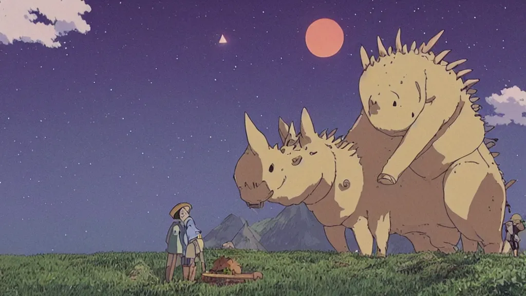 Image similar to a movie still from a studio ghibli film showing a lovecraftian rhinoceros from howl's moving castle ( 2 0 0 4 ). a pyramid is under construction in the background, in the rainforest on a misty and starry night. a ufo is in the sky. by studio ghibli