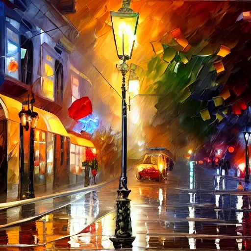 Image similar to a painting of a street corner in the Haight neighborhood with a coffee shop covered in christmas lights, by Tyler Edlin and leonid afremov, behance contest winner, american scene painting, concept art, streetscape, rainy, cozy