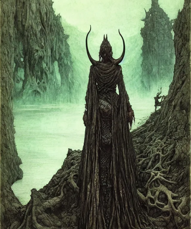 Image similar to A detailed horned crocodilewoman stands near the river. Wearing a ripped mantle, robe. Perfect faces, extremely high details, realistic, fantasy art, solo, masterpiece, art by Zdzisław Beksiński, Arthur Rackham, Dariusz Zawadzki