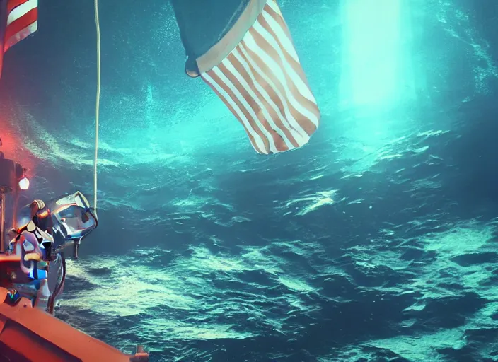 Prompt: astronaut underwater putting a flag on the bottom of the ocean. in the background, a submarine is visible. dark, concept art, cinematic, dramatic, blender, photorealistic, octane render, 8 k, volumetric lighting, trending on artstation, stranger things