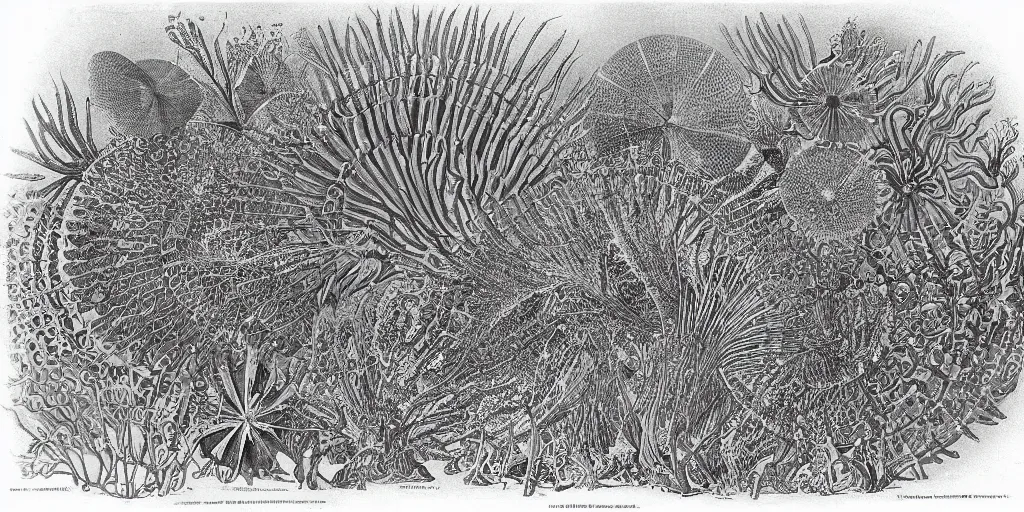 Image similar to Artwork by Ernst Haeckel of the cinematic view of a giant diatom forest.