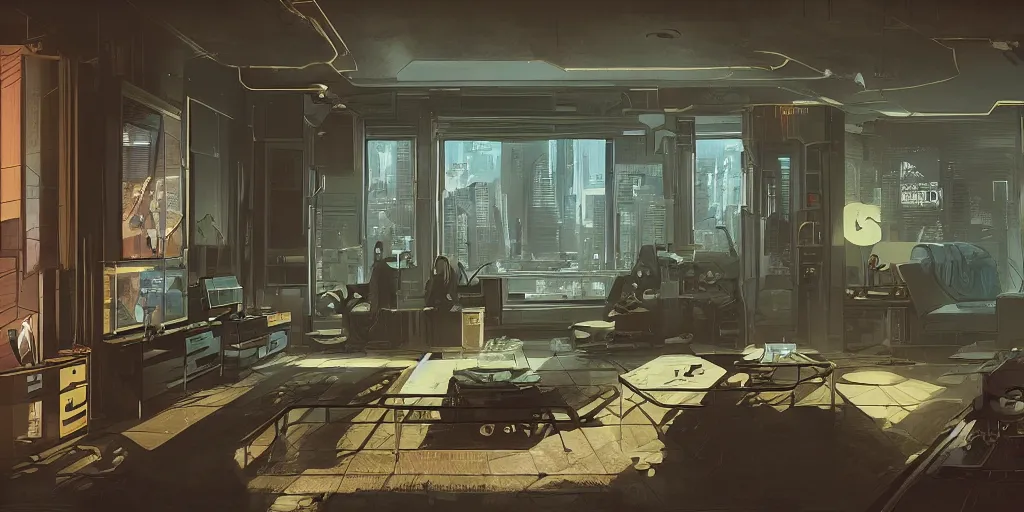 Image similar to cyberpunk noir apartment interior overview mapa design, Moebius, Greg Rutkowski, Zabrocki, Karlkka, Jayison Devadas, Phuoc Quan, trending on Artstation, 8K, ultra wide angle, pincushion lens effect.