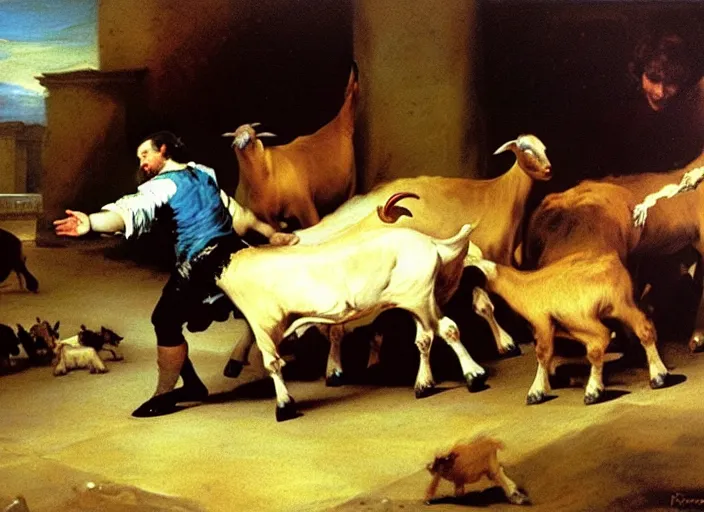 Prompt: man dancing with goats by francisco de goya and greg rutkowski, detailed masterpiece oil painting