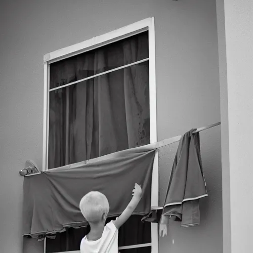 Prompt: Greyscale suburban world, minimalist style, a young boy hangs a shirt on a clothesline on the second floor window, while a young girl watches him from the sidewalk