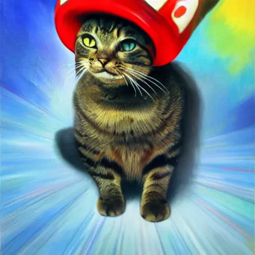 Prompt: A beautiful oil painting of a Cat wearing a Super Mario Hat, nintendo, box art, intricate, volumetric lighting, summer, hyperrealistic, colorful, hyperdetailed.