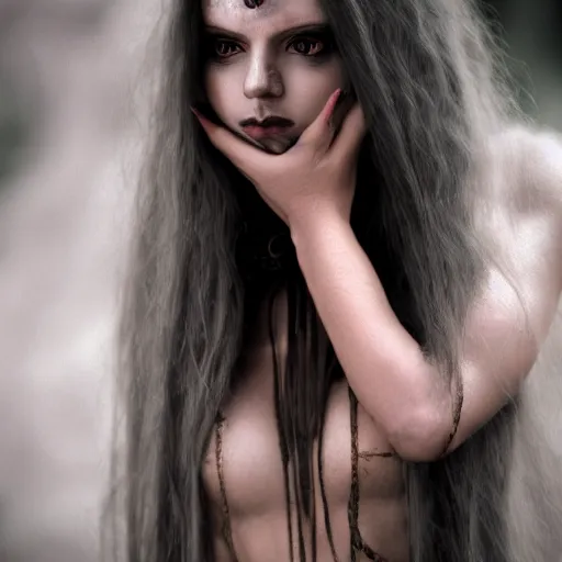 Image similar to beautiful portrait of a dark sorceress female, 35mm, cinematic shot, photorealistic, depth of field