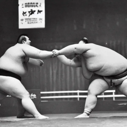 Image similar to sumo wrestling match between count orlok and bela lugosi