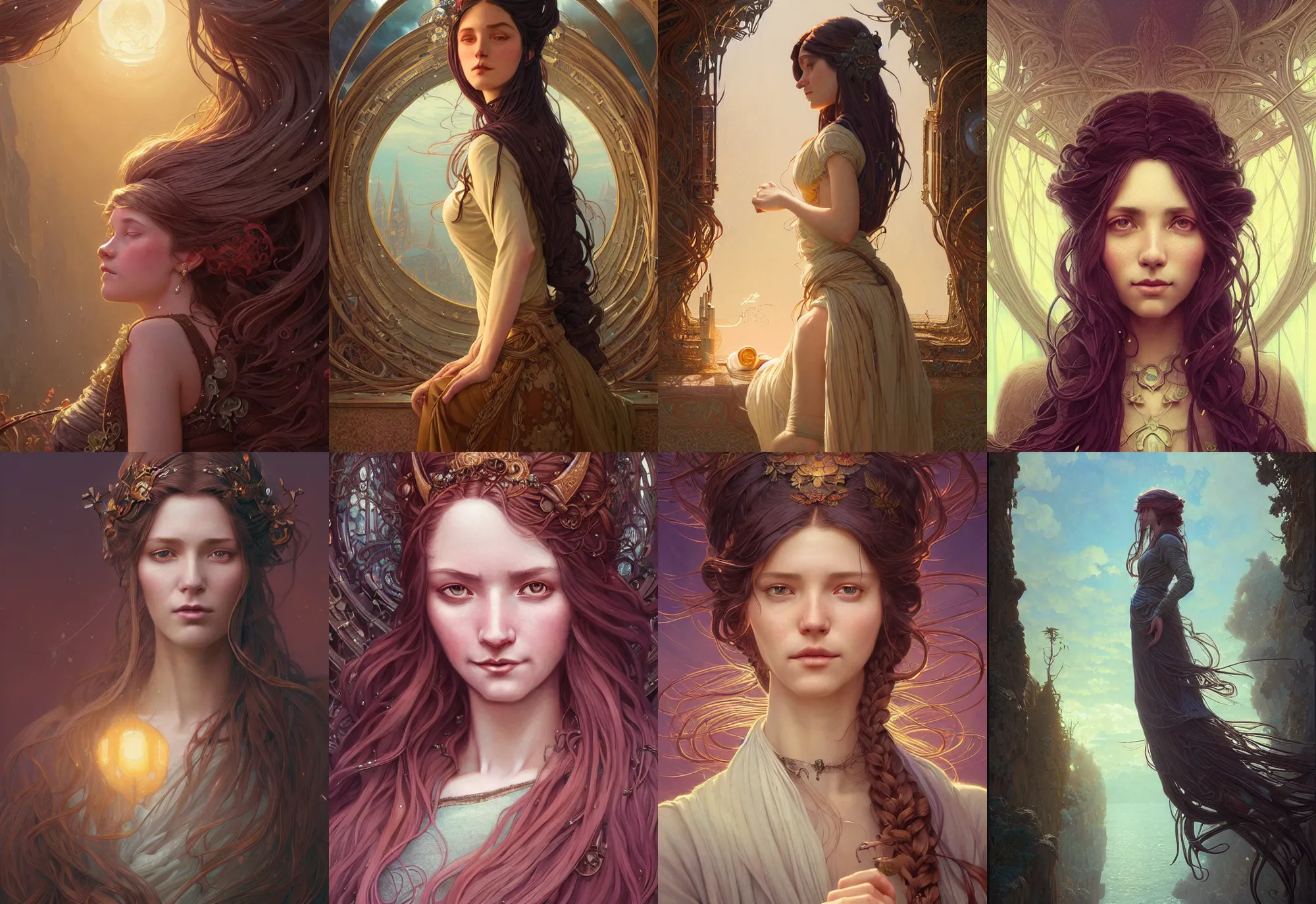 Image similar to highly detailed portrait of a woman with long hairs, stephen bliss, unreal engine, fantasy art by greg rutkowski, art nouveau, loish, rhads, ferdinand knab, makoto shinkai and lois van baarle, ilya kuvshinov, rossdraws, tom bagshaw, alphonse mucha, global illumination, radiant light, detailed and intricate environment