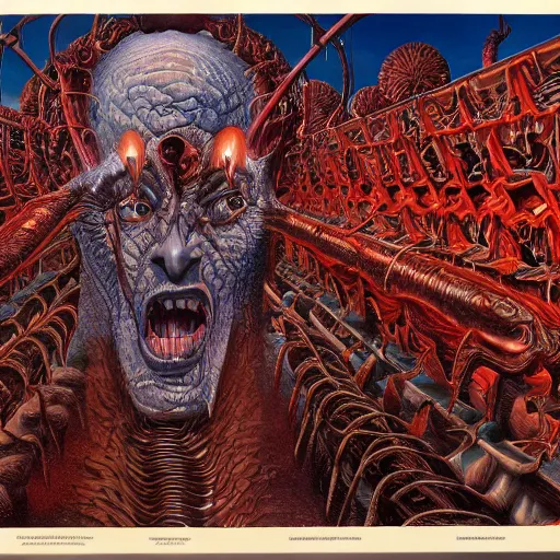 Prompt: a grand scale matte painting of a skinned man in hell by clive barker and alex grey and michael whelan