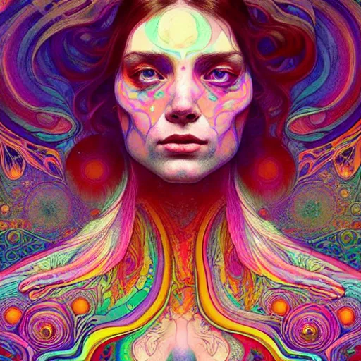 Prompt: A girl having an extremely colorful psychedelic experience, warping time and space, magic mushrooms, psilocybin, LSD, face, detailed, intricate, elegant, highly detailed, digital painting, artstation, concept art, smooth, sharp focus, illustration, art by Krenz Cushart and Artem Demura and alphonse mucha