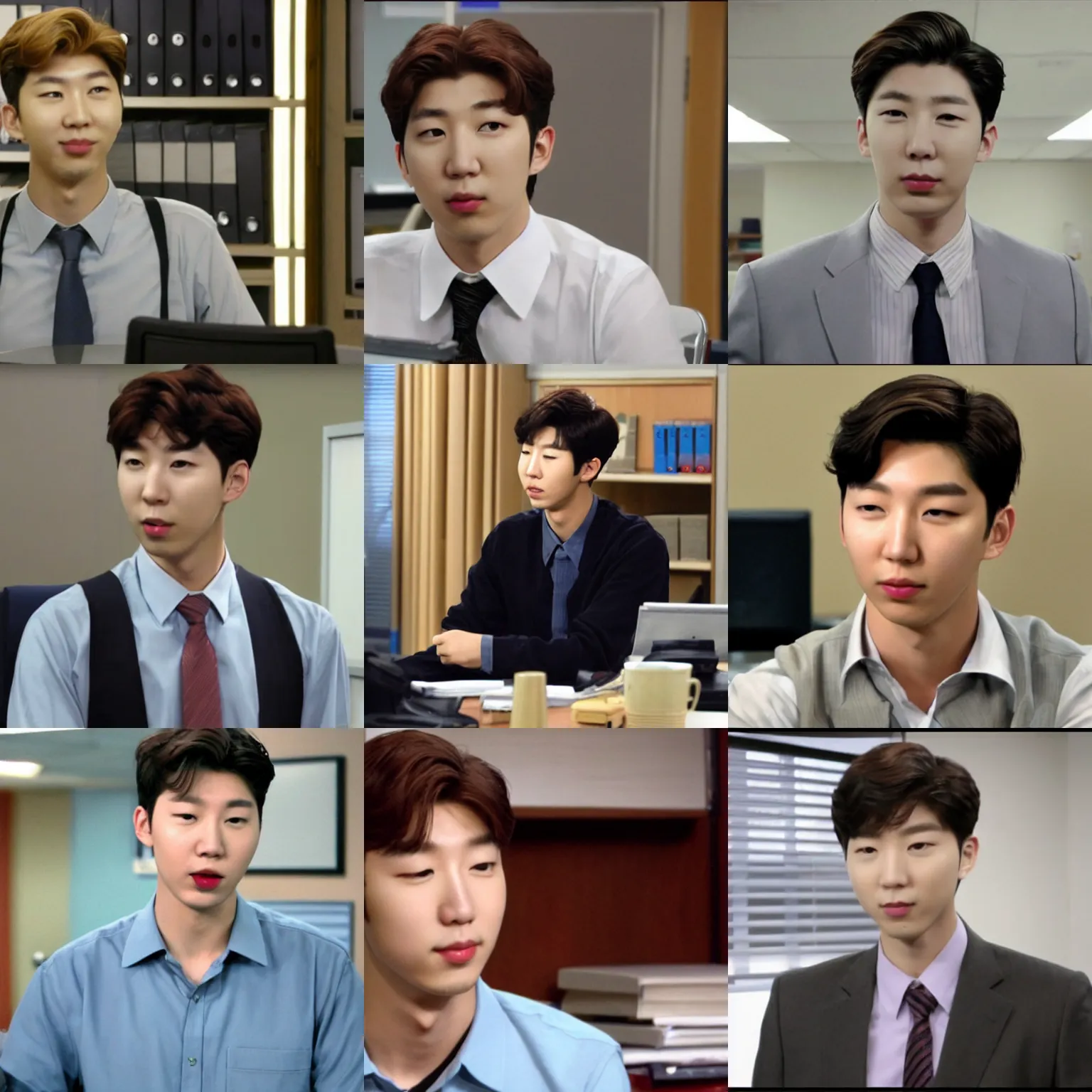 Prompt: Kim Namjoon in The Office TV show season 7, HD, 2009, joon, screenshot