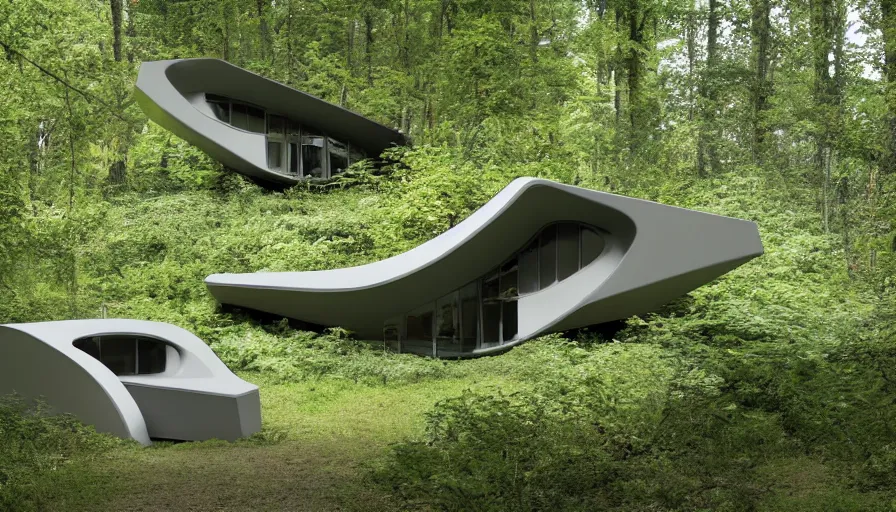 Image similar to A unique innovative and contemporary creative cabin in a lush green forest with soft rounded corners and angles, 3D printed line texture, made of cement, connected by sidewalks, public space, and a park, Design and style by Zaha Hadid, Wes Anderson and Gucci