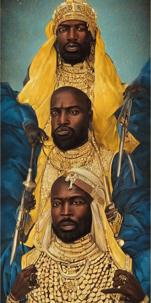 Prompt: a stunning and noble highly detailed romantic period style portrait of mansa musa by josep tapiro baro and harles sillem lidderdale, trending on artstation, oil painting masterpiece, symmetry, rule of thirds, mysterious, photorealistic, very very very aesthetic, african iconography