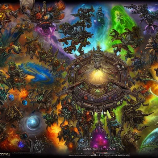 Image similar to an artistic depiction of the whole universe of world of warcraft, very detailed, high resolution, incredible art