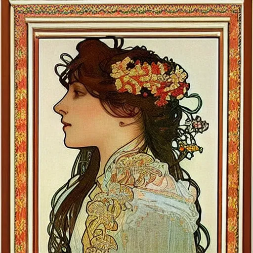 Image similar to a beautiful handmade embroidery of a woman by alphonse mucha. hand embroidery.