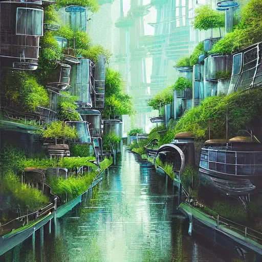 Image similar to Narrow cosy waterway in beautiful green futuristic sci-fi city in harmony with nature. Nice colour scheme, soft warm colour. Beautiful detailed painting by Lurid. (2022)