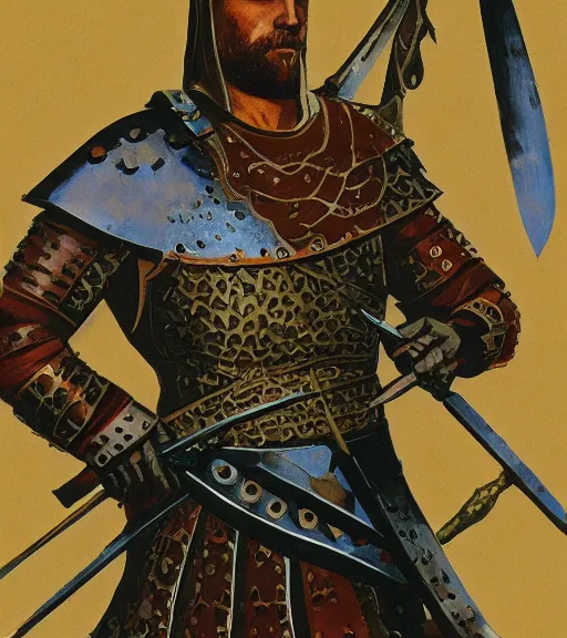 Image similar to character art illustration of a medieval Byzantine infantry warrior by Angus McBride.